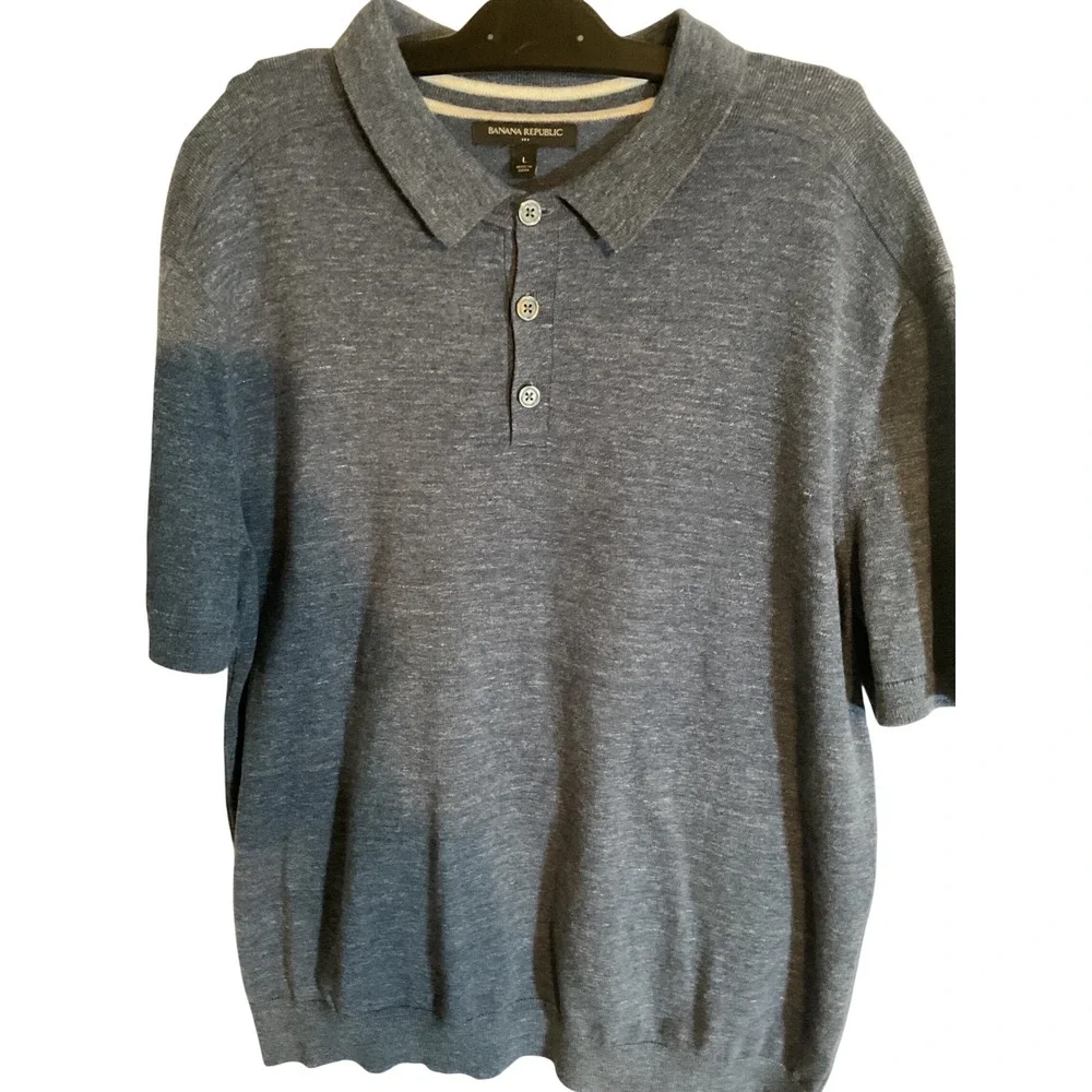 Banana Republic Mens Heathered Blue Knit Polo Shirt Size L Short Sleeve Casual‎